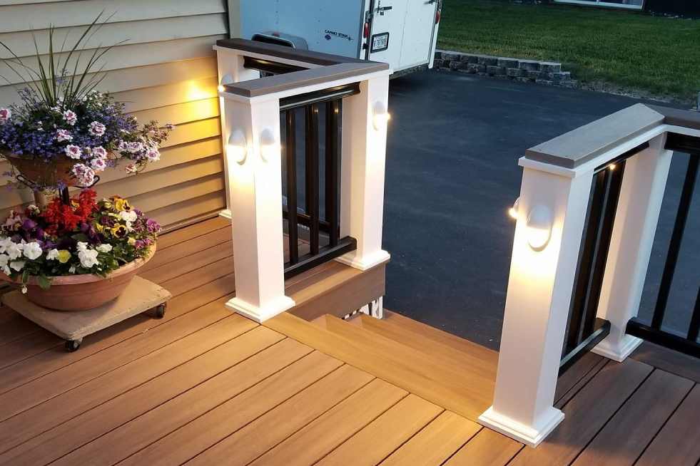 a porch with lights on